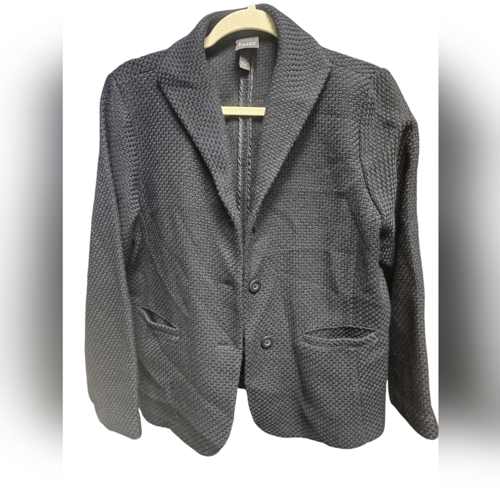 Eileen Fisher Sz Large Wool Viscose Basket Weave Black Blazer Jacket